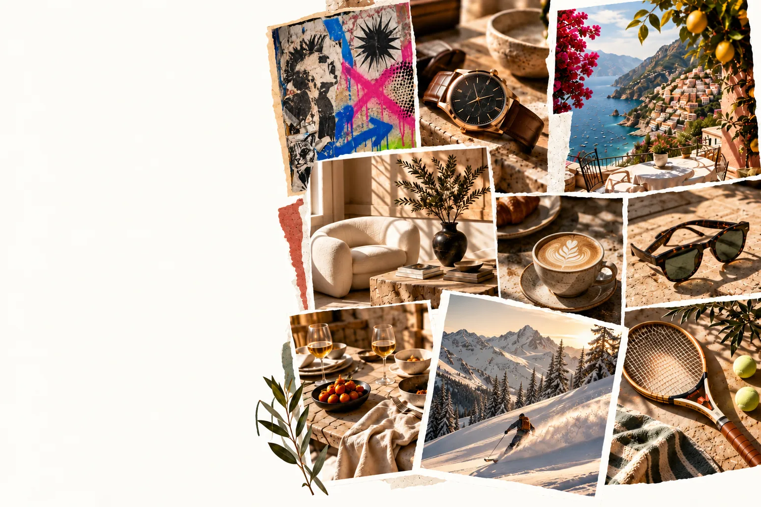 Editorial collage of punk street graffiti, a gold wristwatch, the Amalfi coast, a minimalist interior, a cappuccino, tortoiseshell sunglasses, an outdoor table, a skier in powder and a vintage tennis racket
